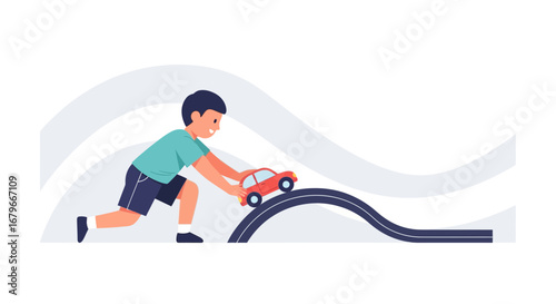 Illustration of a Small Boy Playing with a Toy Car on a Track Road, Entertainment