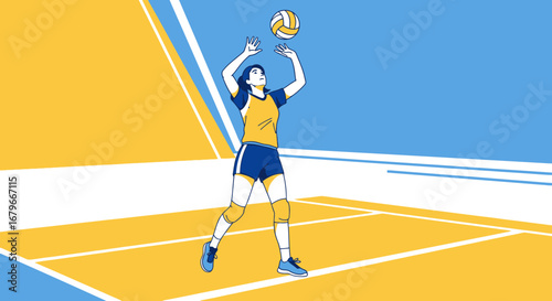 Illustration of a female volleyball player serving the ball in a sports match