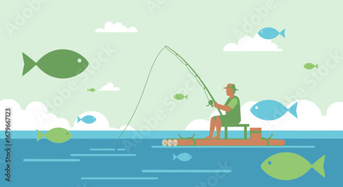Illustration of a fisherman fishing from a raft with several fishes in the ocean