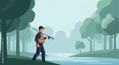Illustration of a fisherman walking along a riverbank towards the water with his fishing rod