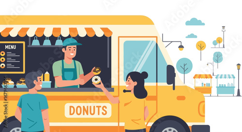Illustration of a food truck selling donuts to customers in a park setting