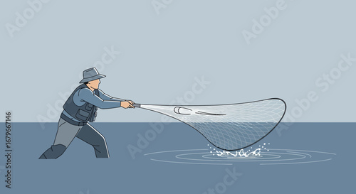 Illustration of a fisherman casting a net to catch fish in the water no commas