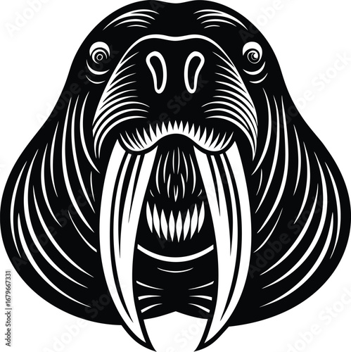 Vector art of a striking black and white illustration of a walrus head, featuring prominent tusks and detailed facial features, presented in a bold, graphic style