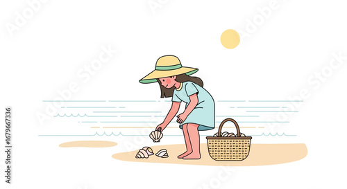 Illustration of a girl collecting seashells on a sunny beach shore in the summertime