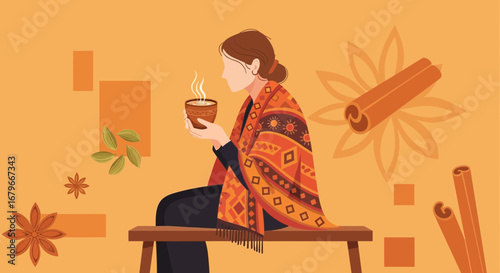 Woman Enjoying a Warm Beverage in a Cozy Setting with Autumnal Colors and Spices