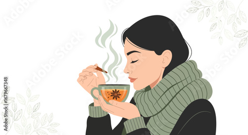 Woman Enjoying A Warm Beverage With Fresh Herbs, Cozy Atmosphere and Comfort, Relaxation