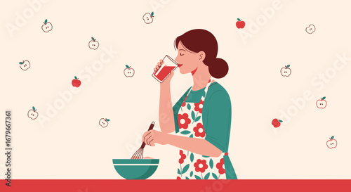Woman Enjoying Apple Juice While Cooking Dessert Recipe In Kitchen Apartment