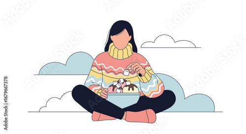 Woman Enjoying Dessert, Calmness, Marshmallows, And Leisure Time In A Comfort Environment