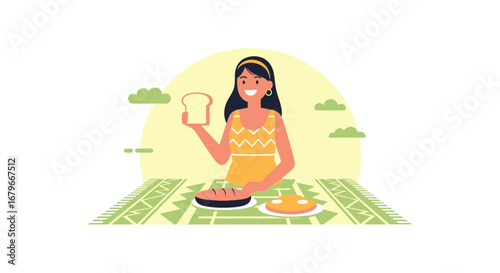 Woman Enjoying Breakfast and a Picnic, Featuring Eggs, Bread, and a Playful Atmosphere