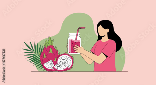 Woman Enjoying Fresh Dragon Fruit Smoothie in a Jar and Promoting Wellness