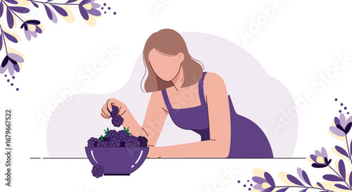 Woman Enjoying Fresh Berries from Bowl: A Calm, Attractive Illustration in Purple Tones