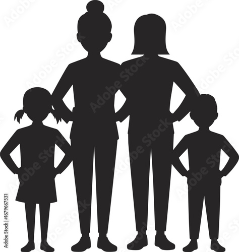 Silhouette of a family with two parents and two children standing together kids