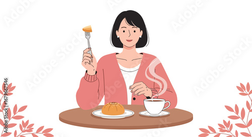 Woman Enjoying Breakfast, Coffee, And Cake On A Wooden Table In Illustration Style