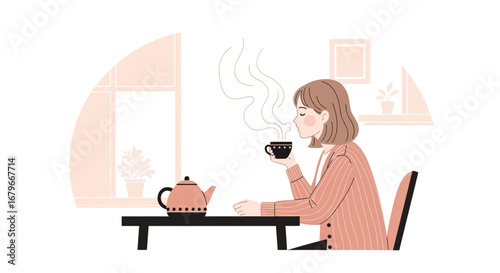 Woman Enjoying Hot Beverage In A Serene Setting At Home, Drinking Tea