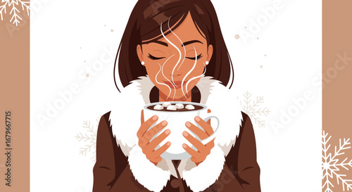 Woman Enjoying Hot Chocolate On Chilly Day Comfort And Warmth Illustration