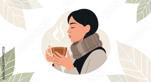 Woman Enjoying Hot Drink In Winter With Artistic And Attractive Design