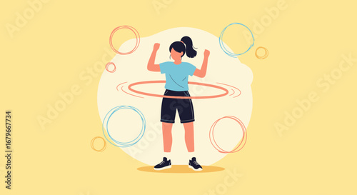 Woman Enjoying Hula Hoop Fitness Activity On Yellow Background in Illustration Style