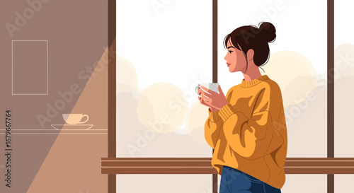 Woman Enjoying Coffee Near Window, Morning Light, Cozy Atmosphere, Relaxation Concept