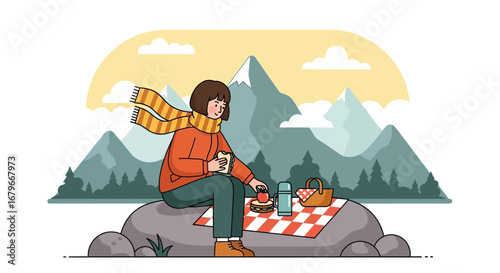 Woman Enjoying Picnic With View of Mountain, Simple Illustration, Outside Delight