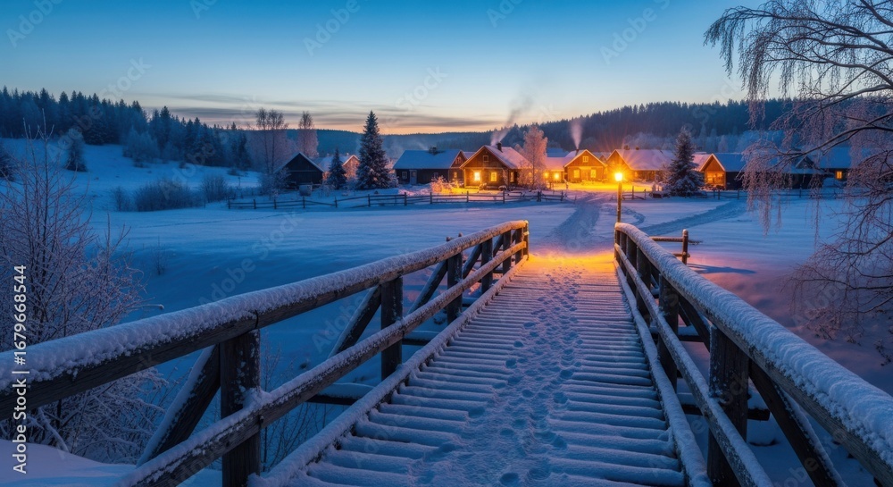 Naklejka premium Winter Village Scene with Snow Covered Bridge at Dusk