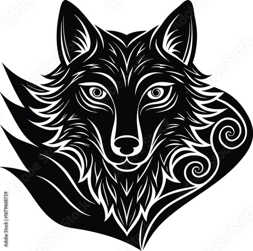 Vector art of artistic black and white illustration of a wolfs face with intricate fur details and swirling tribal patterns on the side, evoking a sense of primal energy and spiritual depth