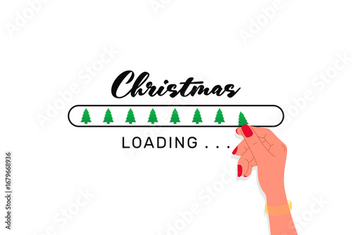 Woman hand putting green christmas tree icon loading bar on the White background