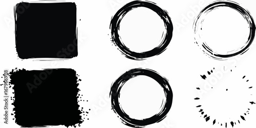 Collection of six black ink brush stroke shapes including squares and circles on white background