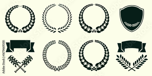 Collection of laurel wreaths shields banners and crossed branches for awards and recognition