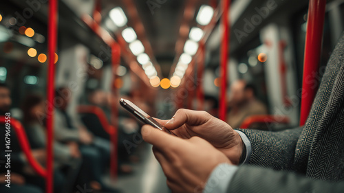 Close-up of a person using a smartphone on a subway train, surrounded by red handrails and blurred passengers, capturing a modern commuting moment.