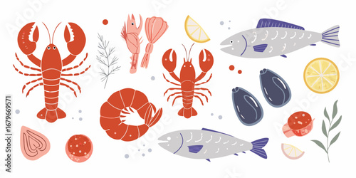 Collection of delicious seafood and garnishes including lobsters shrimp fish mussels and lemon slices