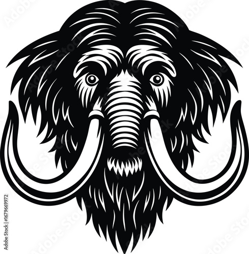 Vector art of stylized black and white illustration of a mammoths head with large tusks and shaggy fur, isolated on a, suitable for graphic design and prehistoric themes