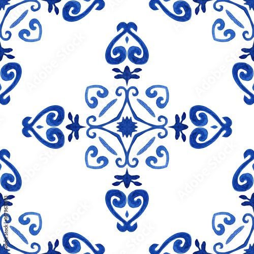 Damask hand drawn floral design. Abstract seamless ornamental watercolor paint pattern for fabric