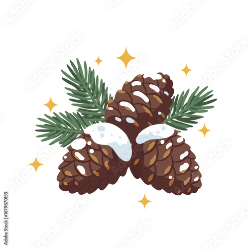 Pinecones with Snow and Sparkles, Winter Flat Vector Icon