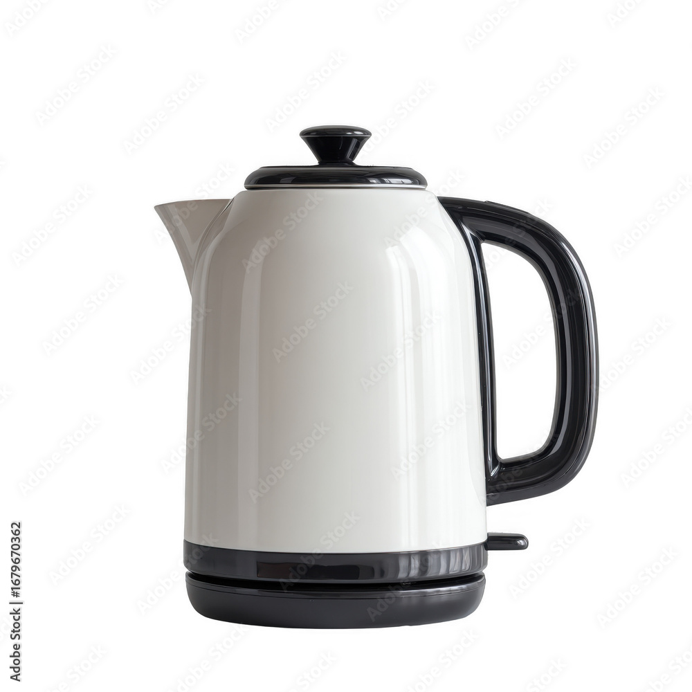 Fototapeta premium A sleek, white and black electric kettle stands boldly on a minimalistic white backdrop [Transparent Background PNG].
