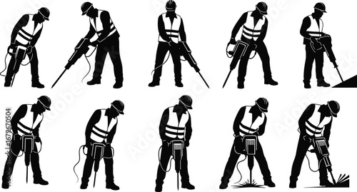 Construction workers using jackhammers, roadwork silhouettes, industrial drilling, demolition crew in safety vests and helmets at worksite