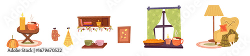 Autumn cozy interior with window, armchair and pumpkin. Warm cozy furniture for hygge design. Cottagecore autumn design