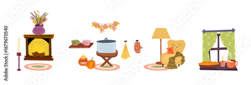 Cozy autumn interior with window, armchair and fireplace. Warm cozy furniture for hygge design. Cottagecore autumn design