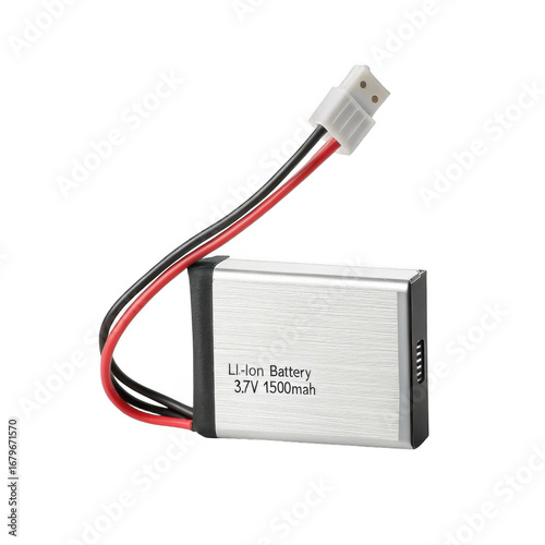 Small rectangular lithium ion battery with red and black wires and white connector isolated on transparent background