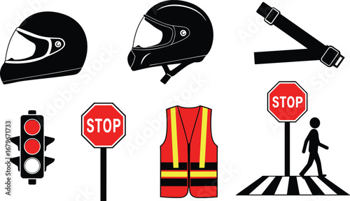 Road safety and traffic icons – helmets, seatbelt, traffic light, stop sign, safety vest, pedestrian crossing, driving protection symbols