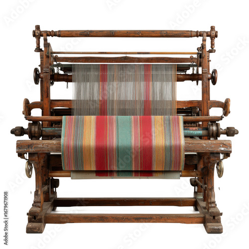 Antique wooden textile loom with striped fabric isolated [Transparent Background PNG]
