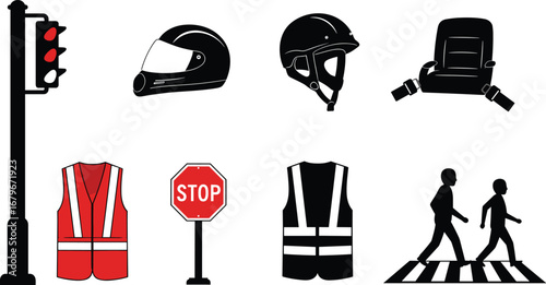 Road safety icons – traffic light, motorcycle helmets, seatbelt, safety vests, stop sign, pedestrian crossing, traffic safety symbols