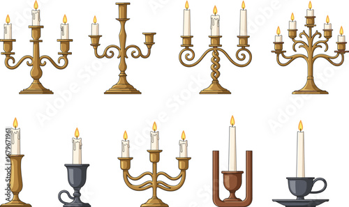 Elegant candle holder collection with lit candles, vintage and modern styles, decorative candelabra set for interior design and festive use