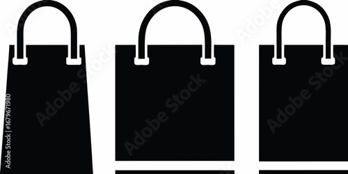 Three black shopping bags with handles in a row on a white background