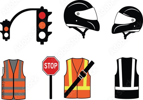 Traffic safety icons – helmets, traffic light, orange safety vests, stop sign, seatbelt, reflective vest, road safety gear