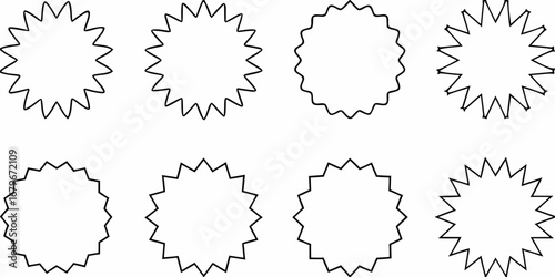 Collection of eight black and white starburst shapes with varying degrees of jagged edges and wavy outlines