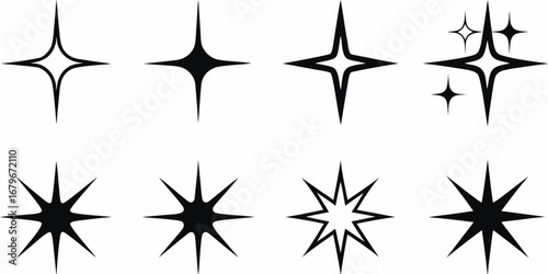 Collection of eight black starburst sparkle icons and symbols on white background