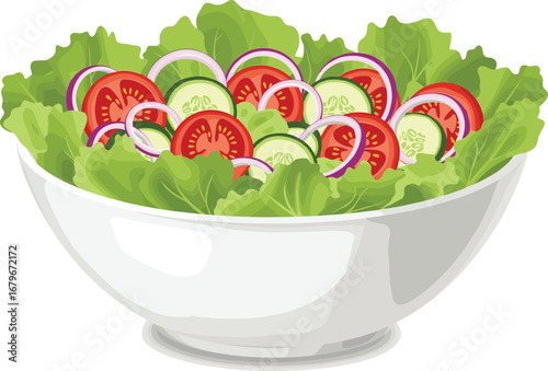 Fresh vegetable salad in white bowl with lettuce, tomato, cucumber, onion rings — healthy food concept for diet and nutrition