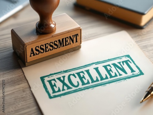 Positive outcome of an evaluation with a green 'Excellent' stamp on a document. Concept of successful business assessment, performance review, and achieving top results