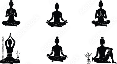 Yoga and meditation silhouettes – women in lotus pose, meditation, mindfulness, relaxation, wellness, spiritual practice, calming poses, peaceful lifestyle icons