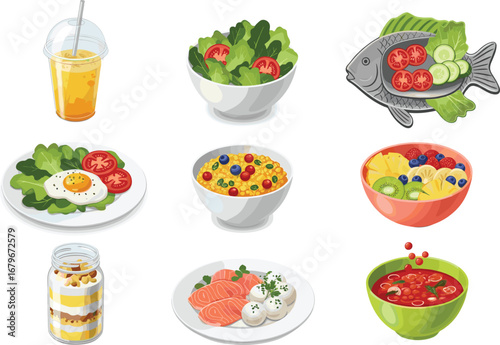 Healthy food and drink illustration featuring smoothie, salad, fish, egg, cereal, fruit bowl, dessert, soup, and gourmet plate